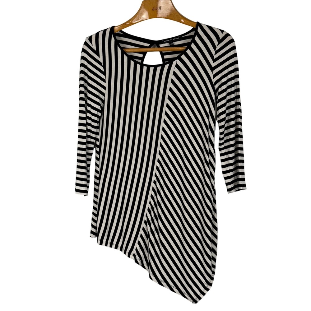Cable & Gauge Tunic Top Asymmetrical Keyhole Back M Black White Viscose Striped